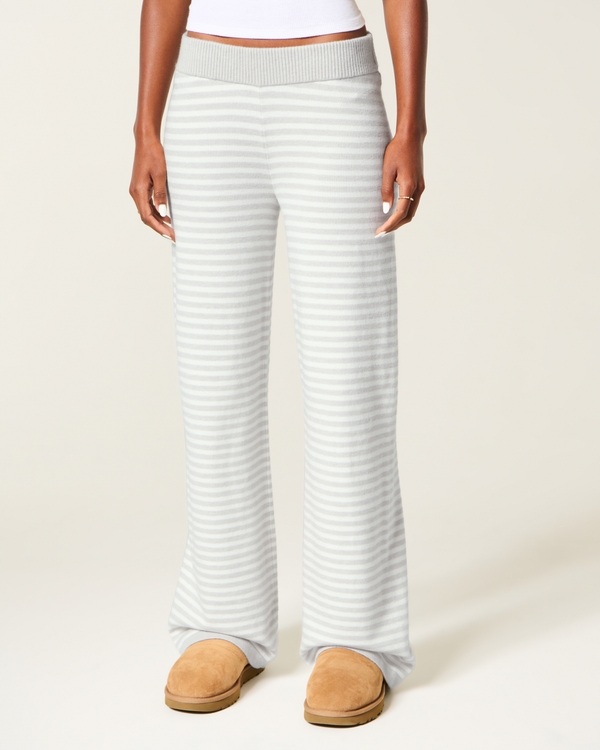Low-Rise Sweater-Knit Straight Pants, White Stripe view 2