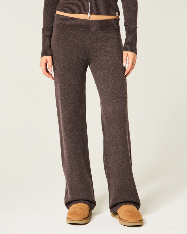 Low-Rise Sweater-Knit Straight Pants, Brown view 2