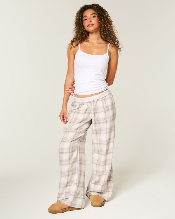 Low-Rise Logo Waist Flannel Pants, Cream Plaid view 1