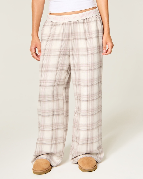 Low-Rise Logo Waist Flannel Pants, Cream Plaid view 2