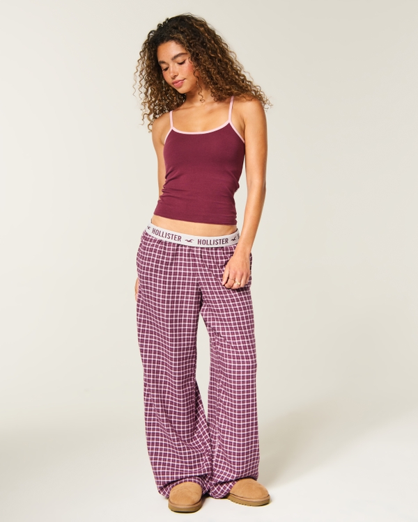Low-Rise Logo Waist Flannel Pants, Dark Red Plaid view 1