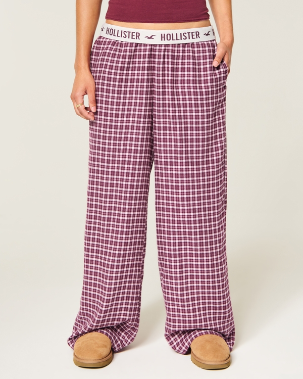 Low-Rise Logo Waist Flannel Pants, Dark Red Plaid view 2