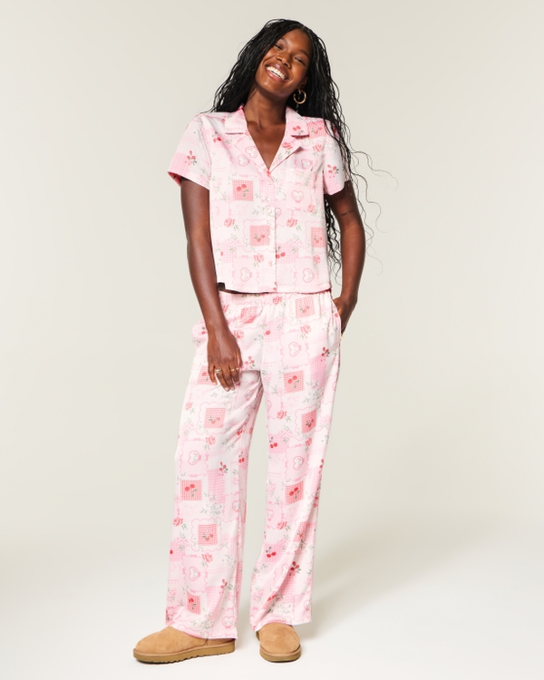 Patchwork Pattern Wide-Leg Pants, Light Pink Print view 1