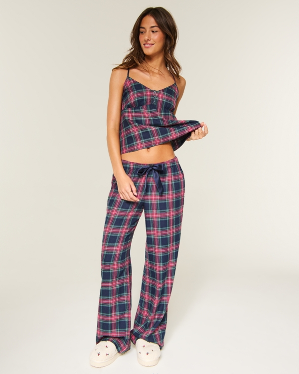 Satin Tie Flannel Wide-Leg Pants, Navy Plaid view 1
