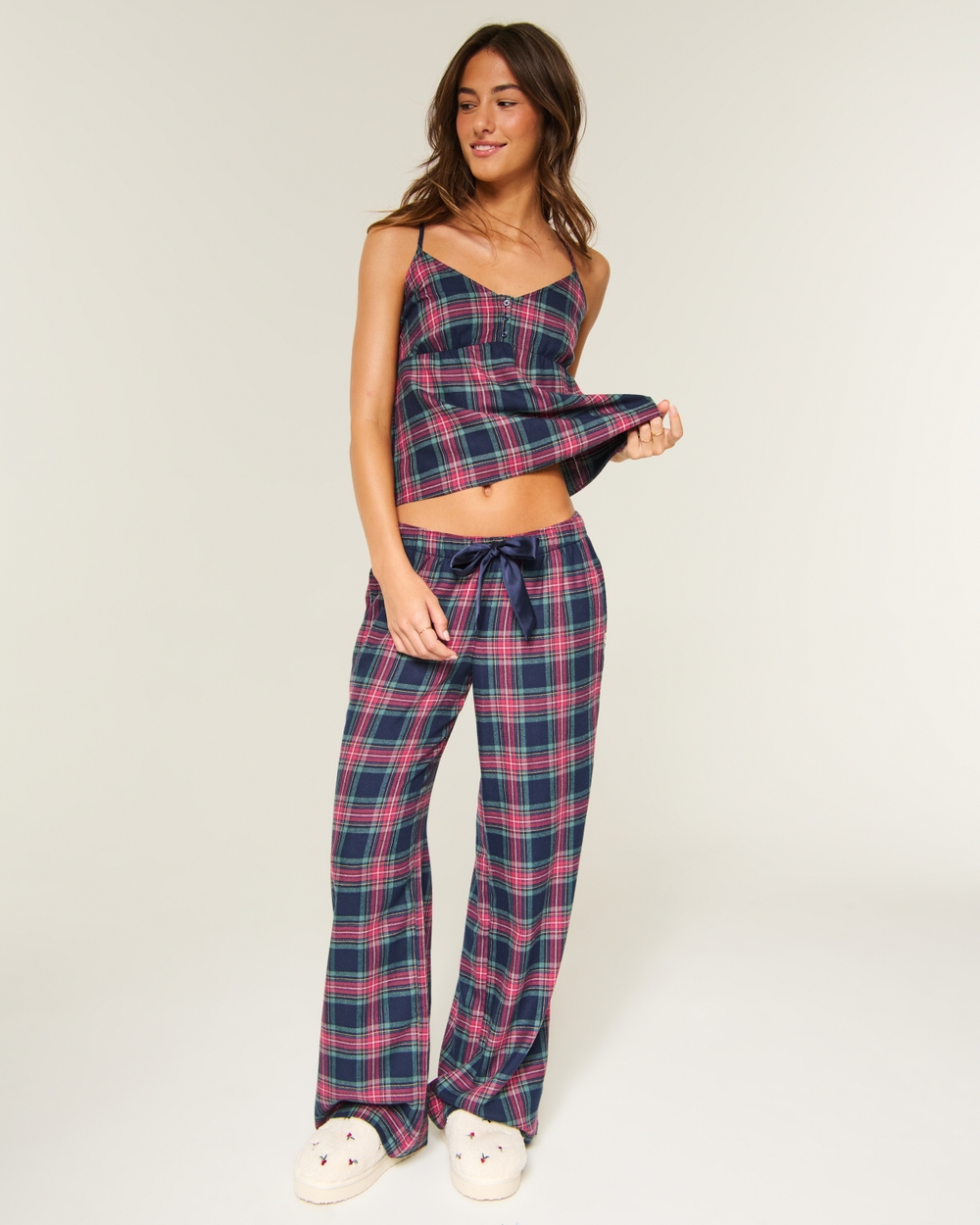 Satin Tie Flannel Wide-Leg Pants