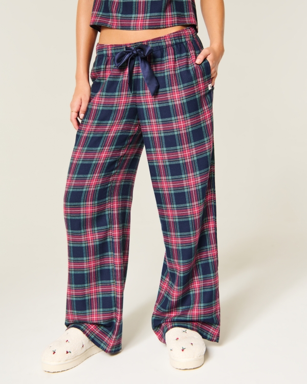 Satin Tie Flannel Wide-Leg Pants, Navy Plaid view 2