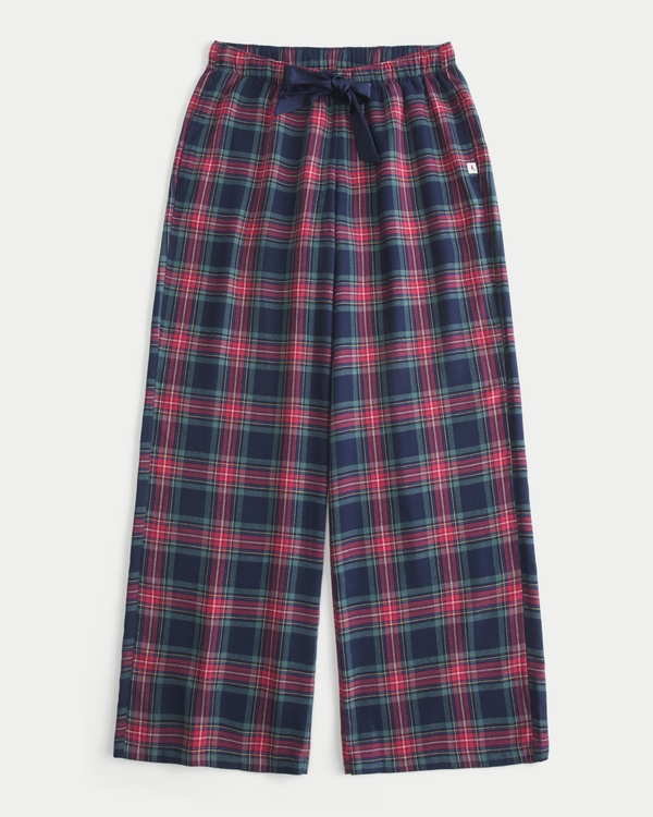 Satin Tie Flannel Wide-Leg Pants, Navy Plaid view 1