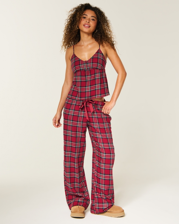 Satin Tie Flannel Wide-Leg Pants, Red Plaid view 1