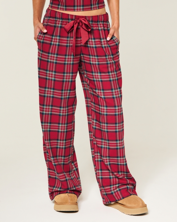 Satin Tie Flannel Wide-Leg Pants, Red Plaid view 2