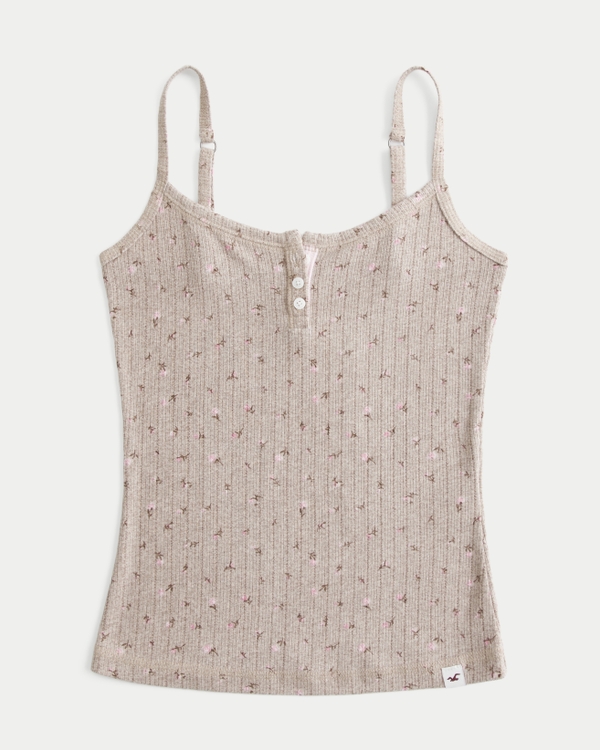 Cozy Pointelle Henley Tank, Light Brown Print view 1