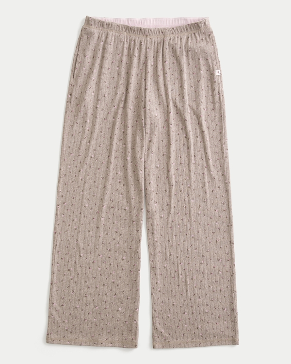 Cozy Pointelle Wide-Leg Pants, Light Brown Print view 1