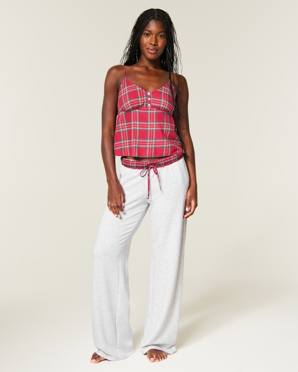 Flannel Foldover Waist Knit Wide-Leg Pants, Light Heather Grey view 1