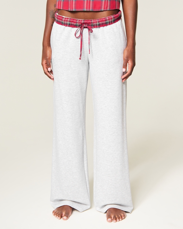 Flannel Foldover Waist Knit Wide-Leg Pants, Light Heather Grey view 2