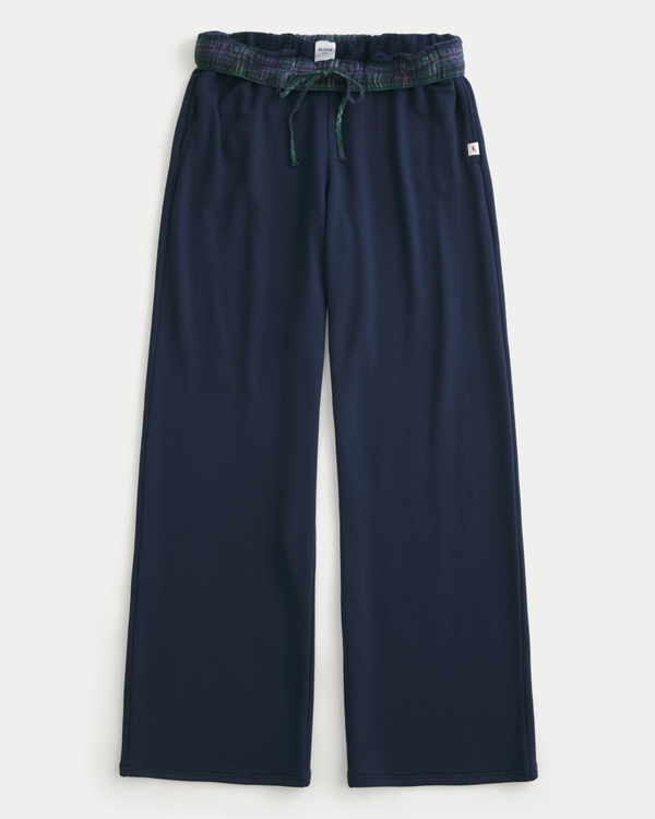 Flannel Foldover Waist Knit Wide-Leg Pants, Navy view 1