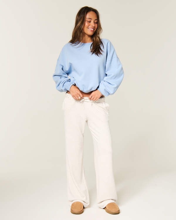 Flannel Foldover Waist Knit Wide-Leg Pants, Light Heather Oatmeal view 1