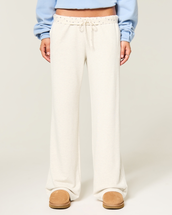 Flannel Foldover Waist Knit Wide-Leg Pants, Light Heather Oatmeal view 2