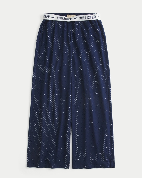Flannel Foldover Waist Baggy Pants, Navy Print view 1