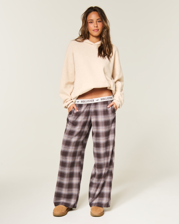Flannel Foldover Waist Baggy Pants, Brown Plaid view 1