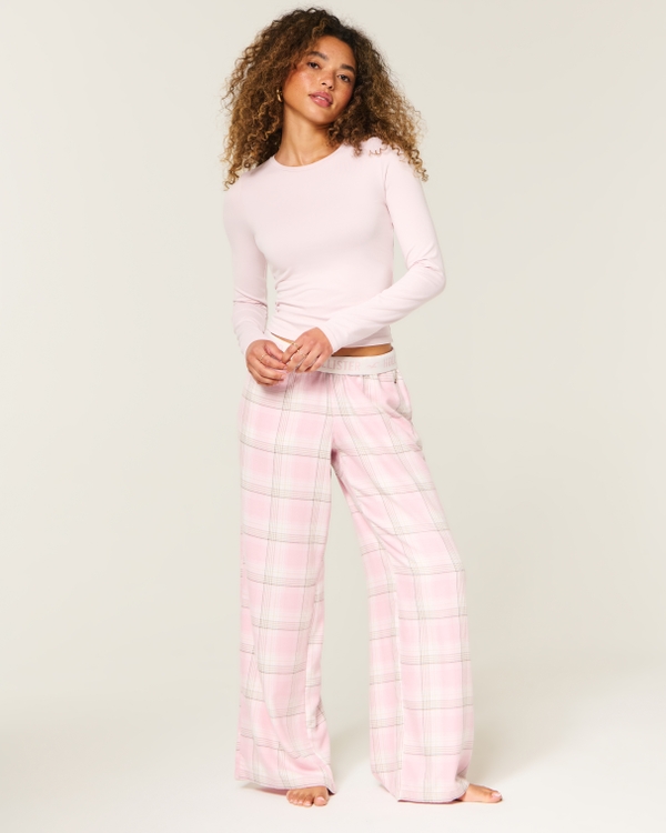 Flannel Foldover Waist Baggy Pants, Light Pink Plaid view 1