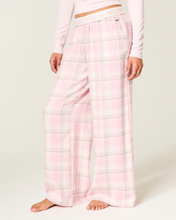 Flannel Foldover Waist Baggy Pants, Light Pink Plaid view 2