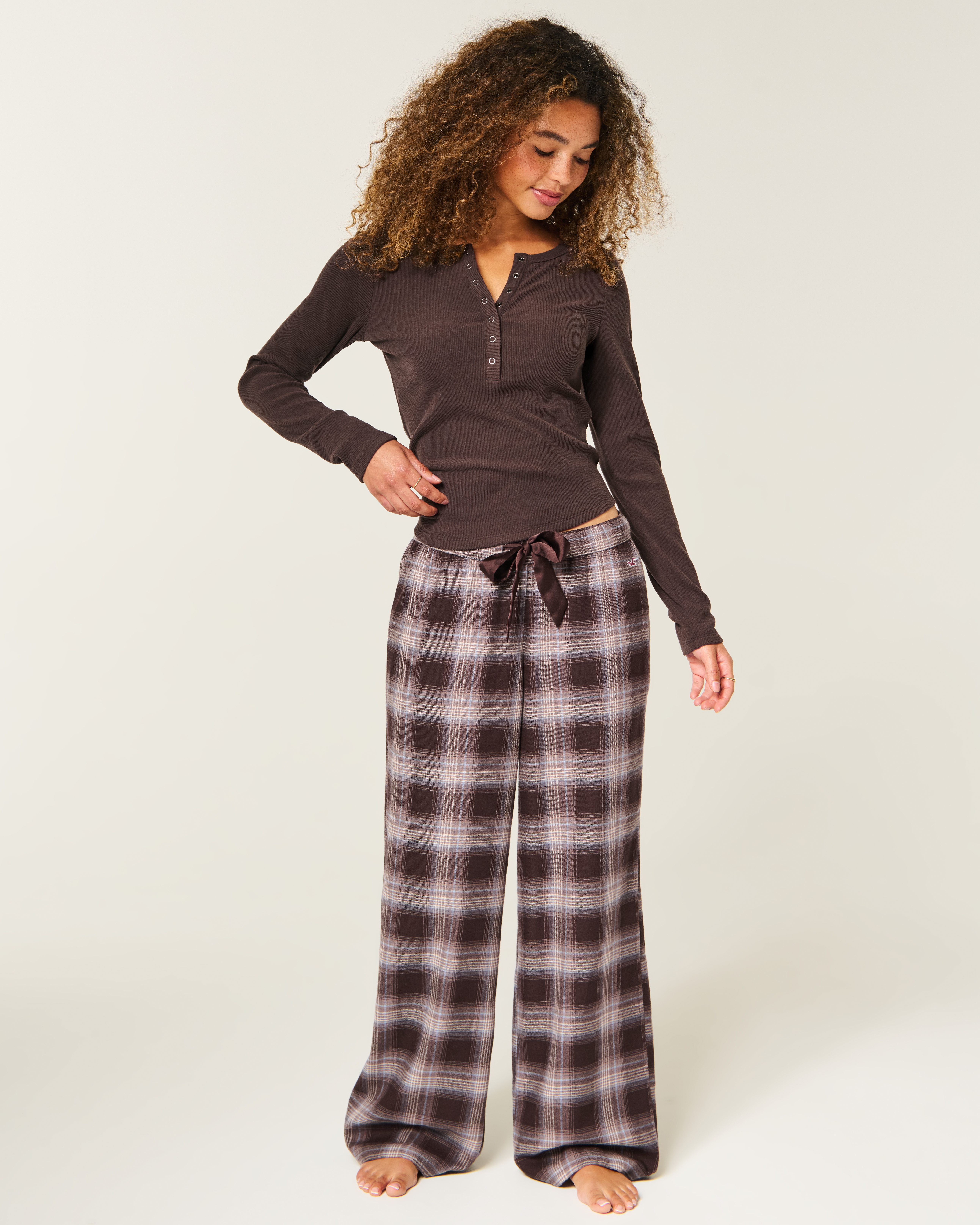 Flannel Satin Tie Wide-Leg Pants