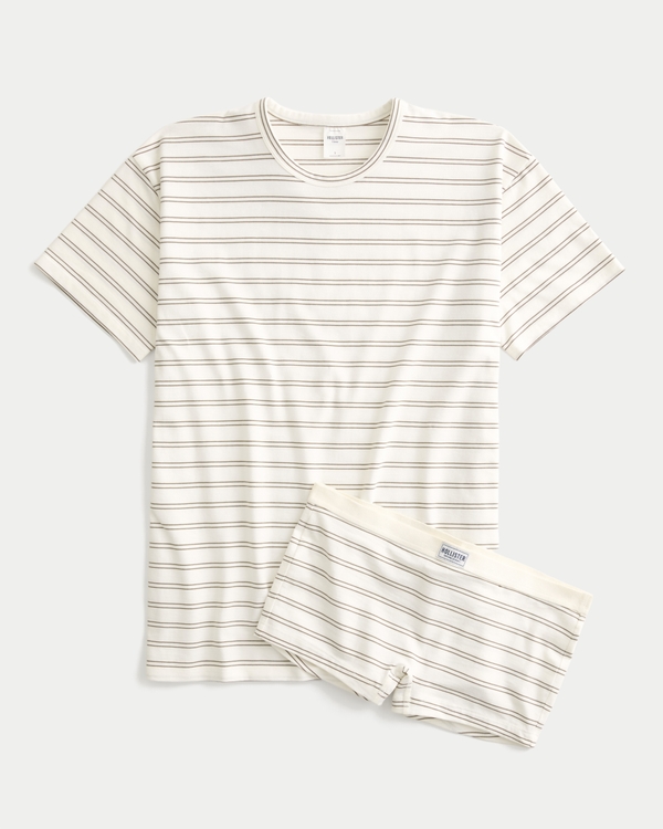 Oversized Crew T-Shirt & Shortie Shorts Sleep Set, Cream Stripe view 1