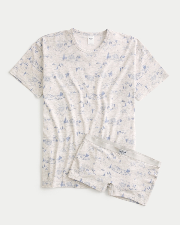 Oversized Crew T-Shirt & Shortie Shorts Sleep Set, Gray Print view 1
