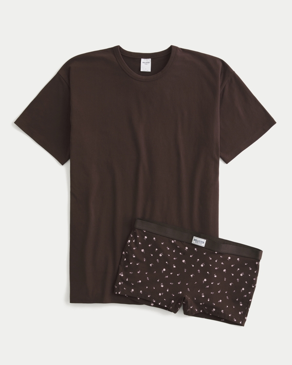Oversized Crew T-Shirt & Shortie Shorts Sleep Set, Espresso view 1