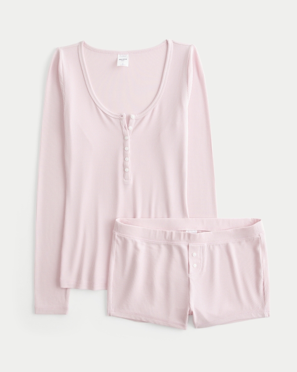 Rib Henley & Shorts Set, Light Pink view 1