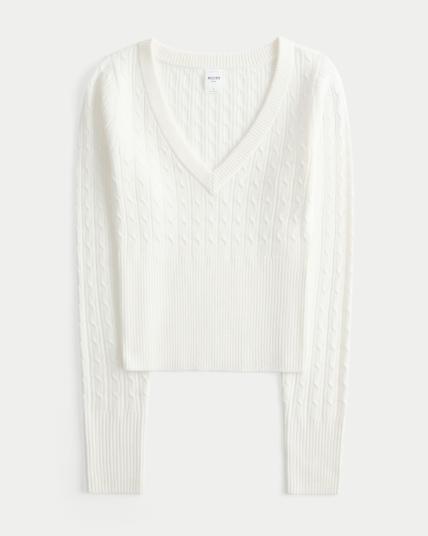 Cable-Knit V-Neck Sweater, White view 1