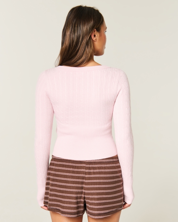 Cable-Knit V-Neck Sweater, Light Pink view 2