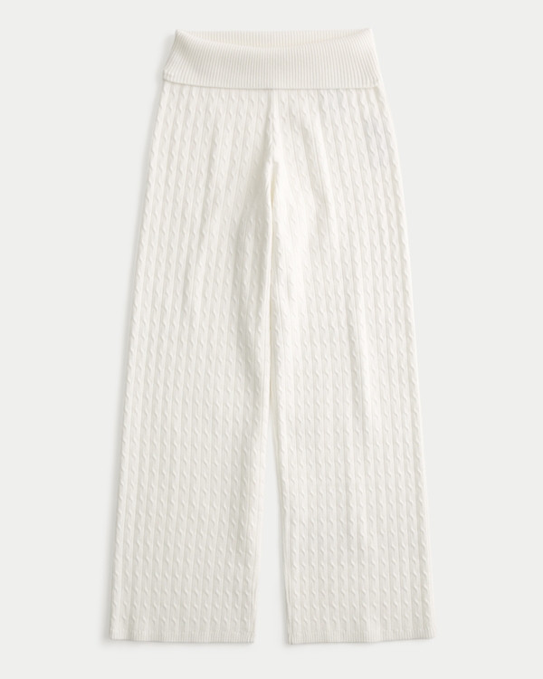 Foldover Waist Cable-Knit Sweater Pants, Cloud White view 1