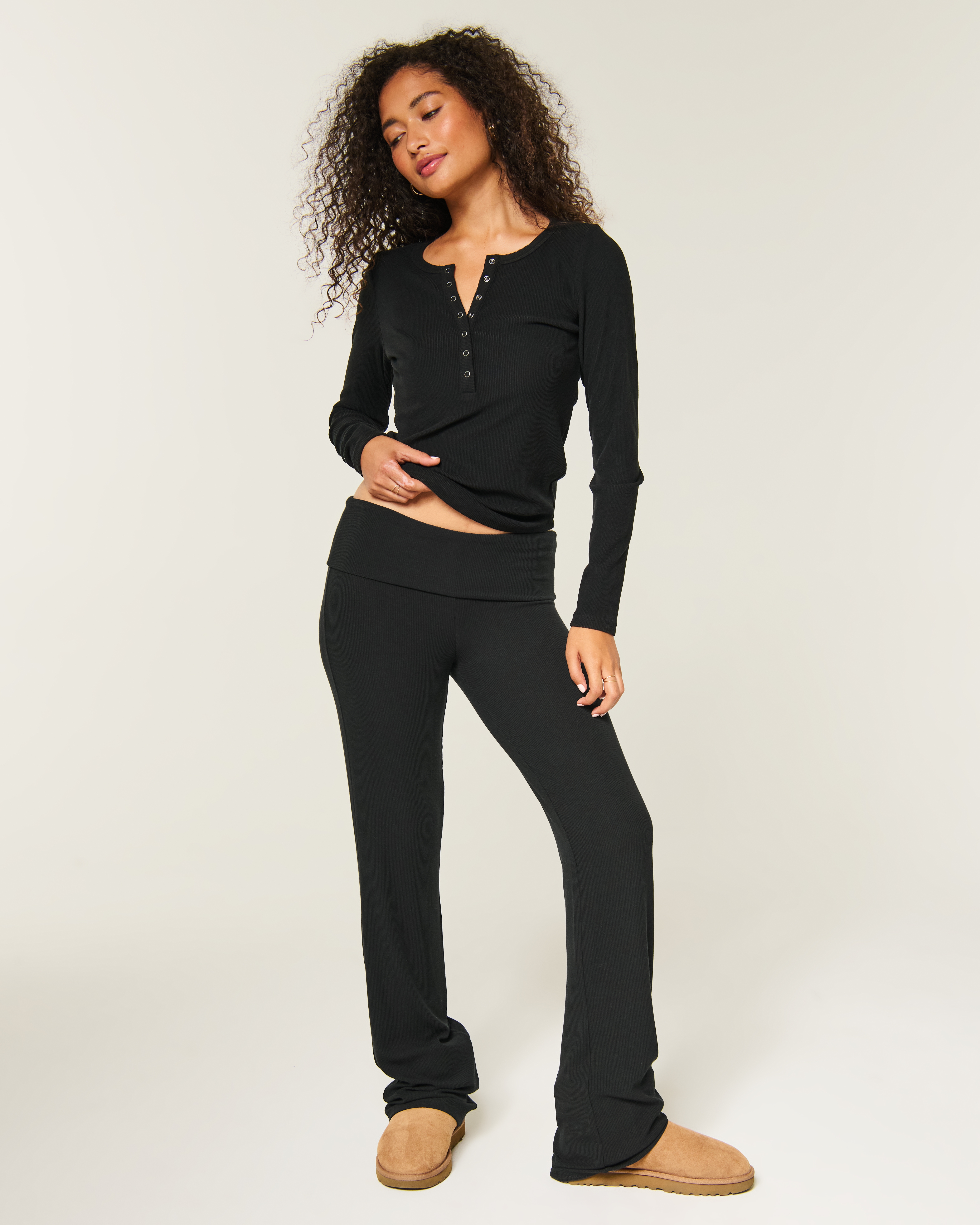 Rib Foldover Waist Bootcut Pants
