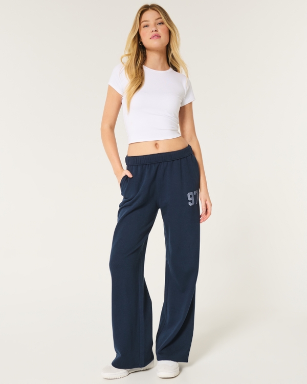 Athletic Graphic Fleece Wide-Leg Pants, Navy Blue