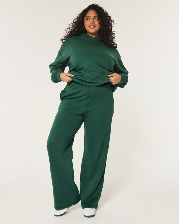 Hollister Feel Good Fleece Wide-Leg Pants, Green view 1