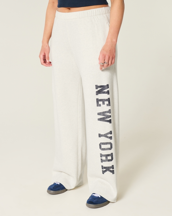 New York Graphic Wide-Leg Sweatpants, Heather Cream view 2