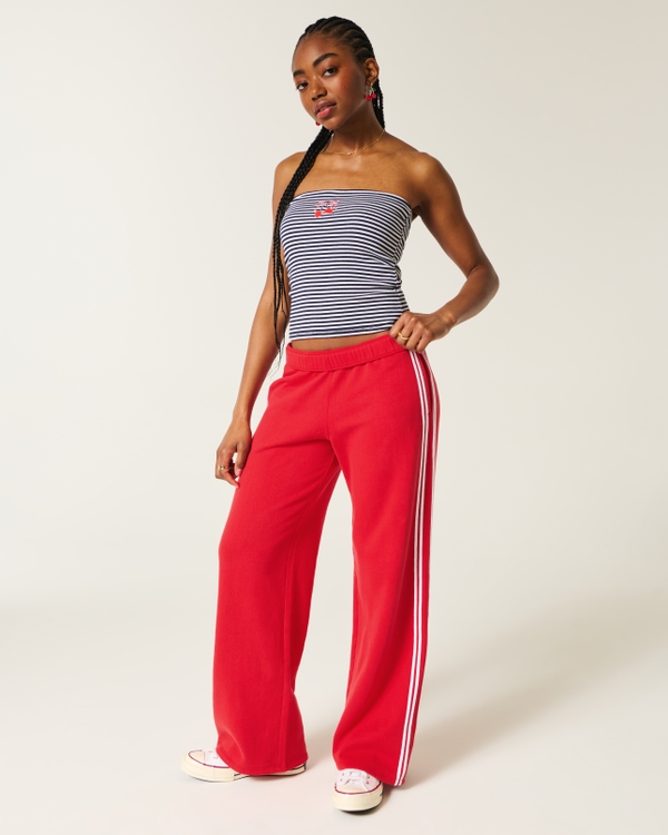 Striped Wide-Leg Sweatpants, Cherry Red view 1