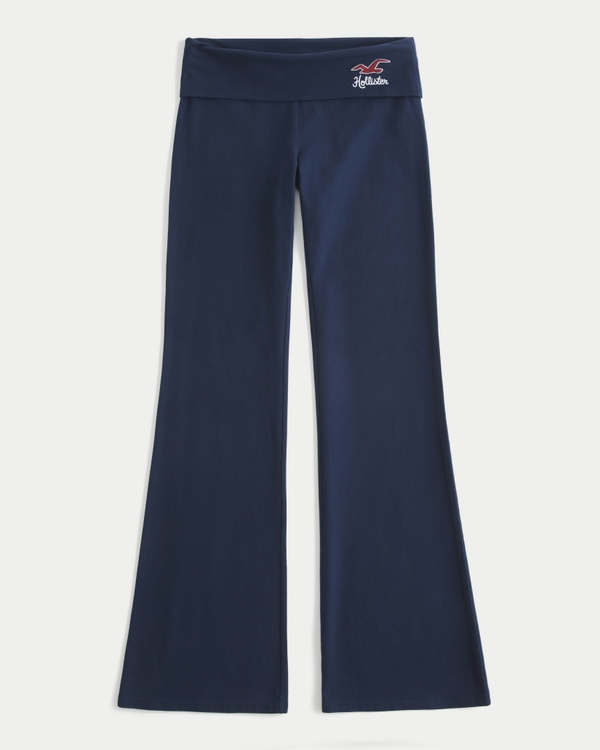 Foldover Waist Logo Knit Flare Pants, Navy view 1