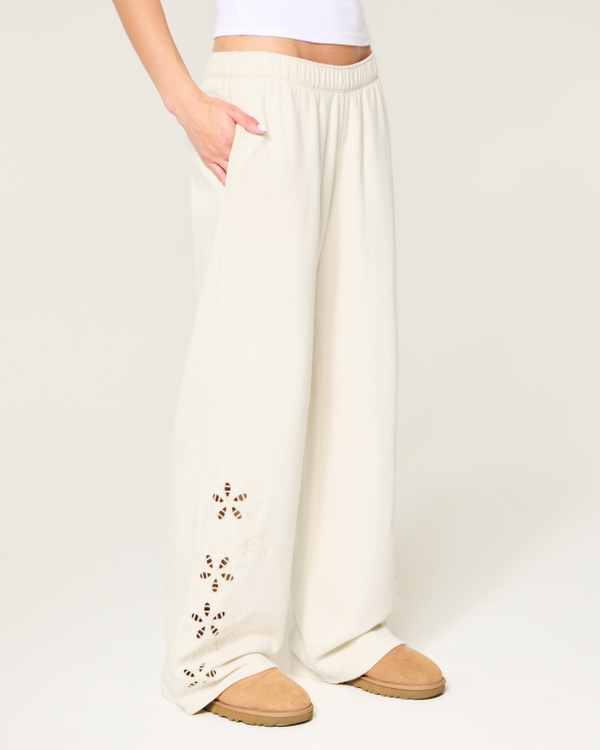 Hollister Feel Good Floral Cutout Wide-Leg Sweatpants, Beige view 2