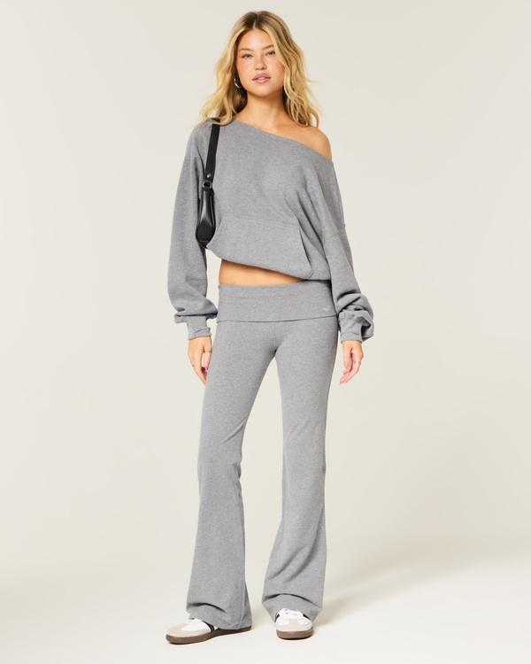 Knit Foldover Flare Pants, Heather Grey view 1