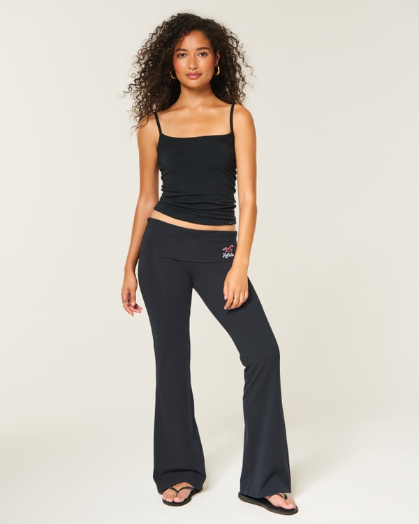 Knit Foldover Waist Logo Flare Pants, Black view 1