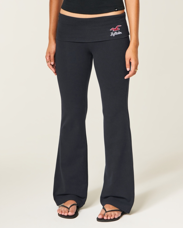 Knit Foldover Waist Logo Flare Pants, Black view 2