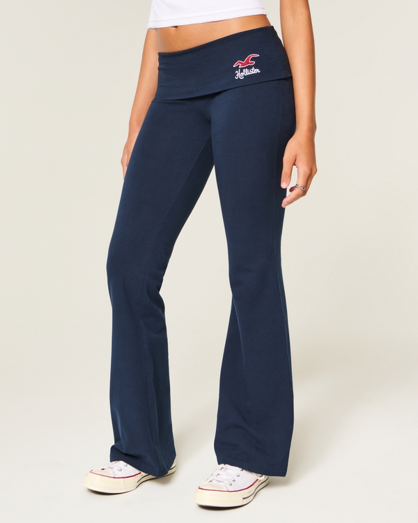 Knit Foldover Waist Logo Flare Pants, Navy view 2