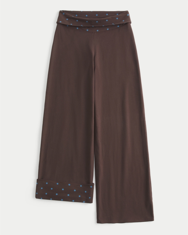 Hollister Callie Reversible Knit Foldover Waist Wide-Leg Pants, Brown-blue Dot view 2