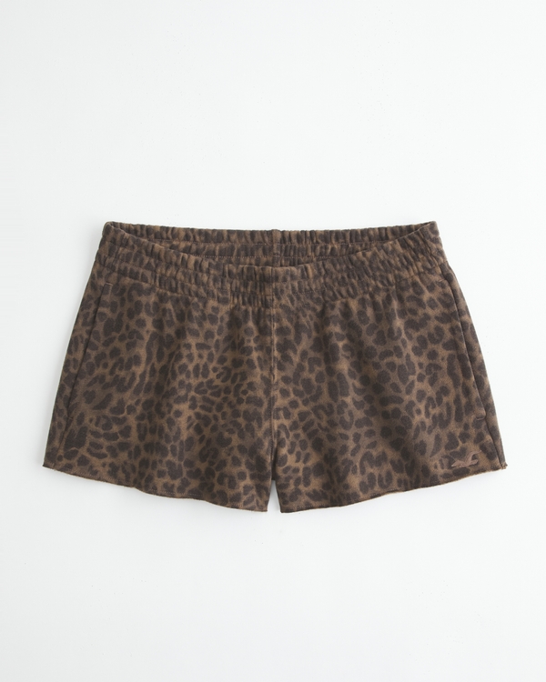 Low-Rise Leopard Print Fleece Mini Shorts, Leopard Print view 1