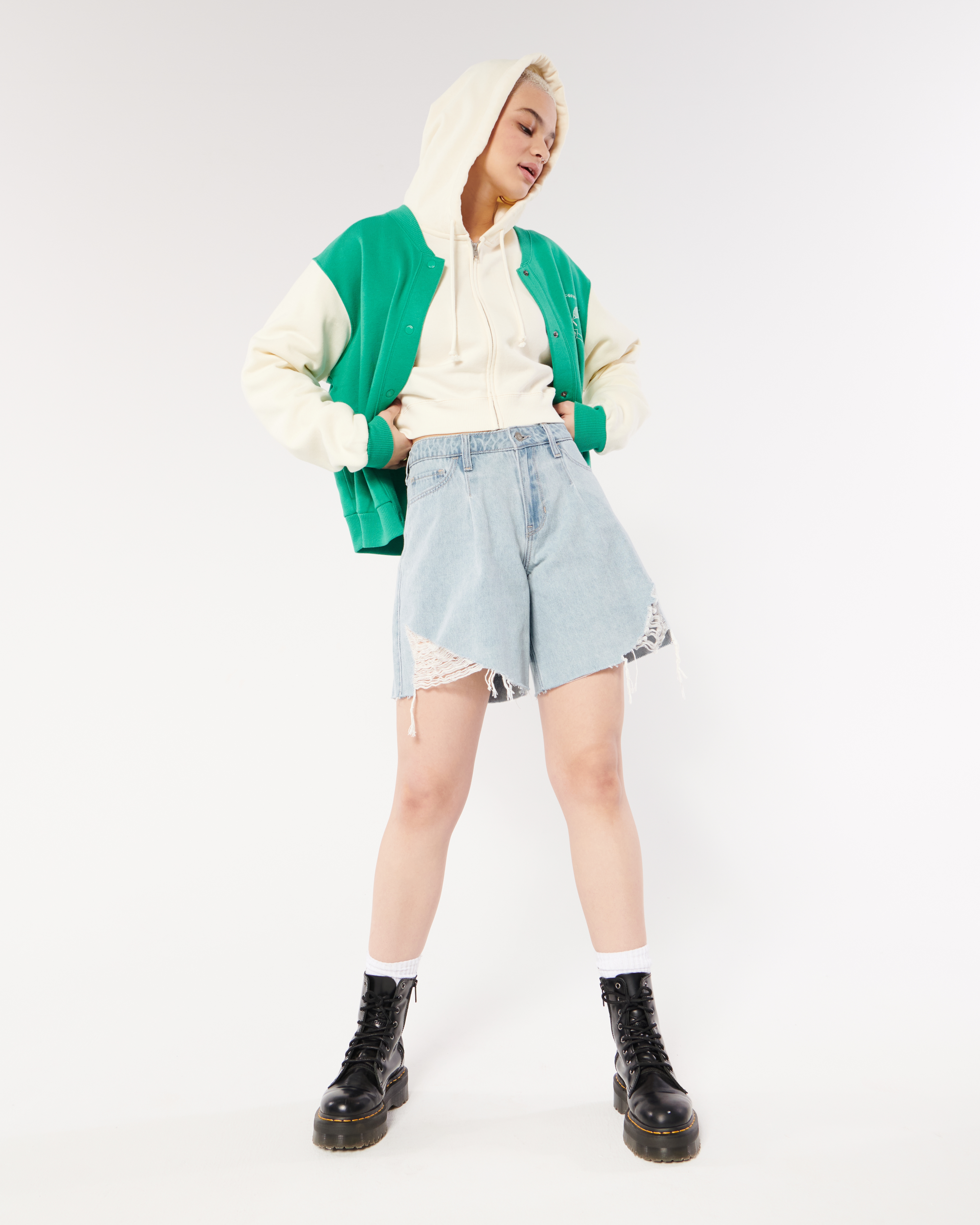 High-Rise Ripped Light Wash Pleated Baggy Denim Short