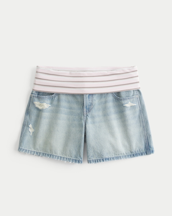 Ultra Low-Rise Foldover Waist Distressed Baggy Jean Shorts, Light Ripped view 1