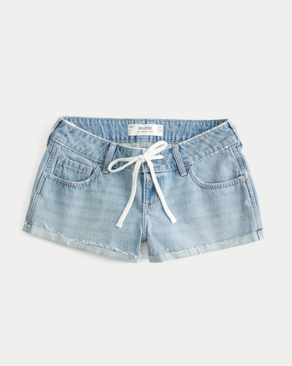 Low-Rise Light Wash Tie Waist Mini Jean Shorts, Light view 1
