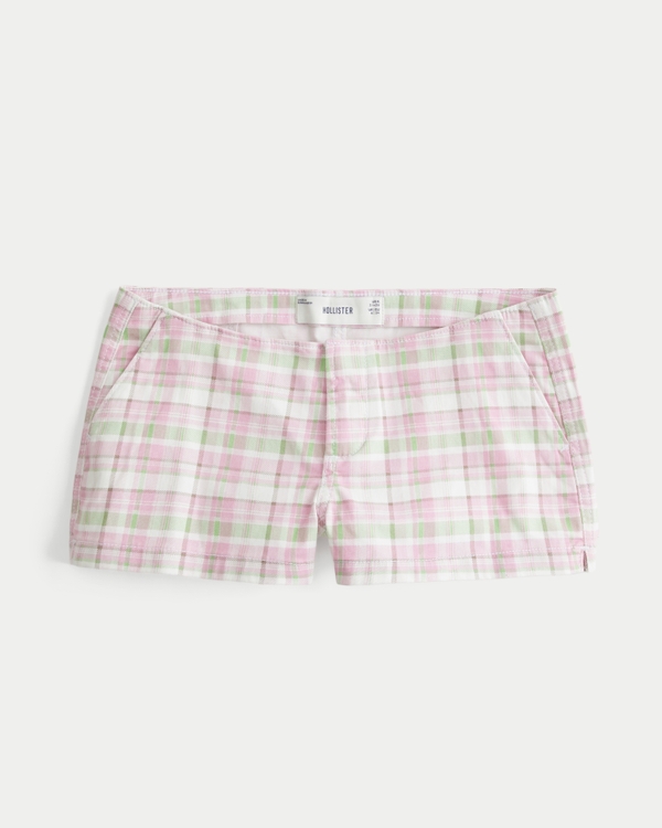 Ultra Low-Rise Twill Micro Shortie Shorts, Pink Plaid view 1