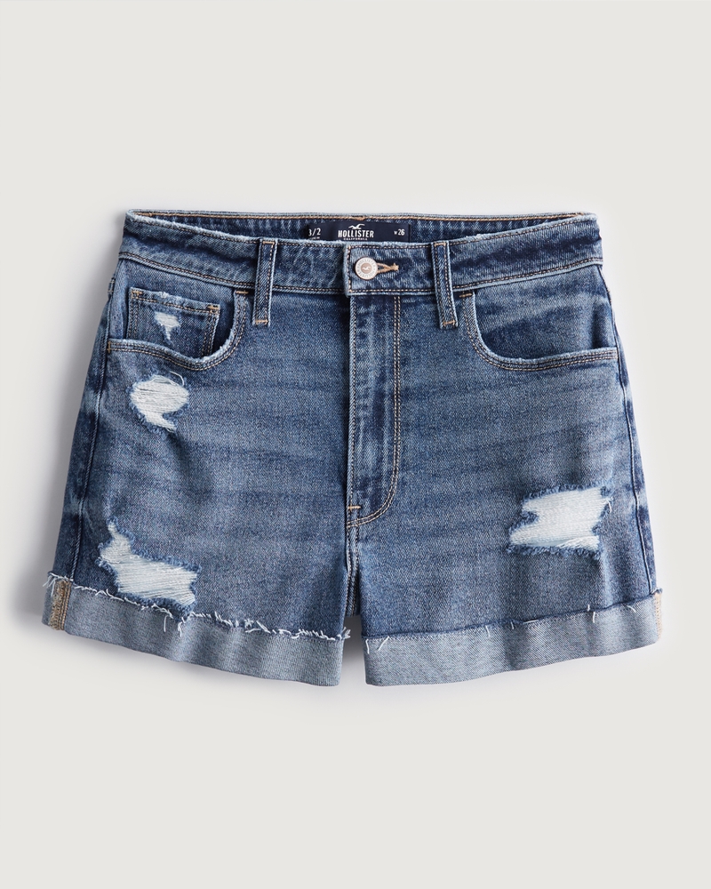 Ultra High-Rise Ripped Medium Wash Mom Shorts